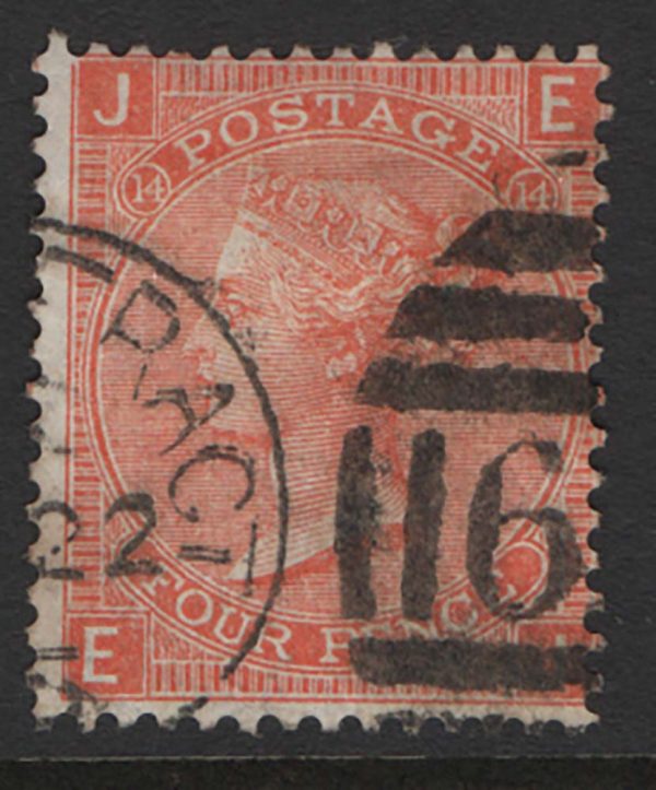 GB 1865 4d vermilion plate 14 vgu sg94 c£110