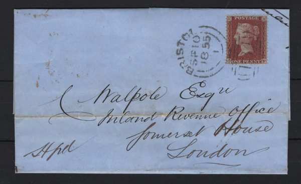 GB 1854 1d large crown perf 14 plate 1 OF vfu in neat 1855 EL to Somerset House