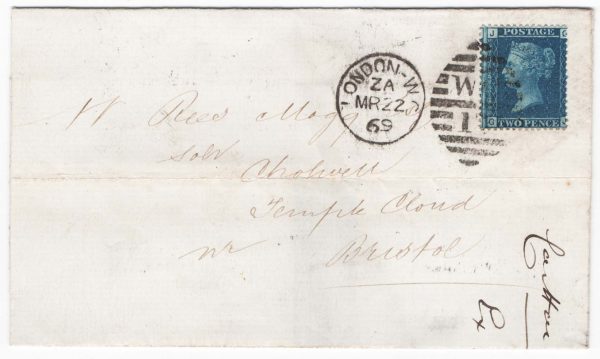 GB 1858 2d blue plate 12 fu on v fine 1869 EL London to Bristol