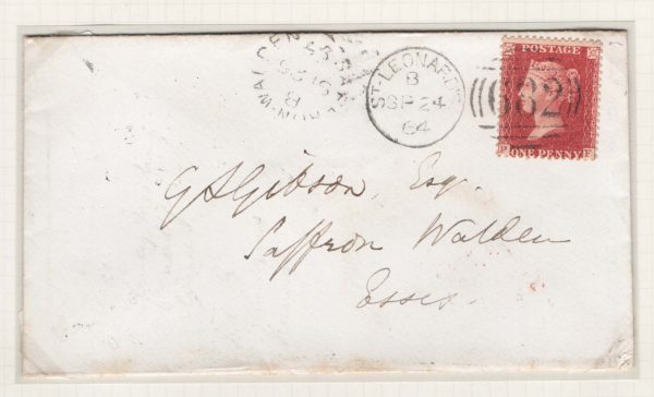 GB 1854 1d plate 51 PF sg42 fu on neat 1864 cover, St Leonards to Saffron Walden