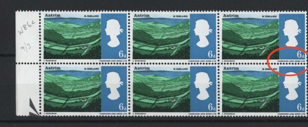 GB 1966 Landscapes 6d ord r9/3 missing D corrected variety Spec W86c um positional blk of 6 c£30
