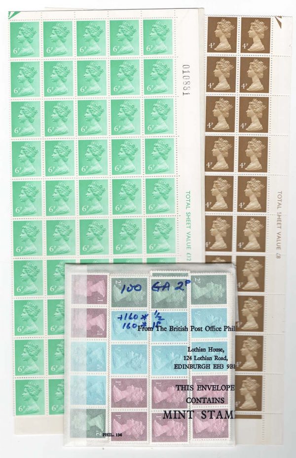 GB 1971 Machin 100 um sets of Gum Arabic issues ½p, 1p, 2p (in coil strips, so extra ½p & 1p) 2½p, 3p 2B, CB, 4p, 6p c£690