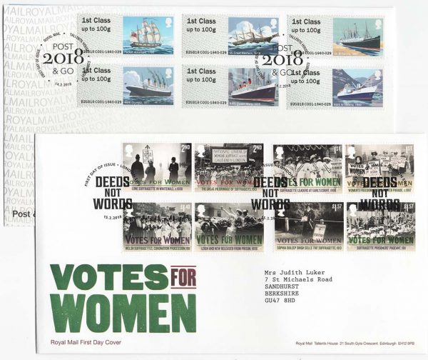 GB 2018 Mail by Sea Post&Go set of 6x1st & Votes for Women FDCs