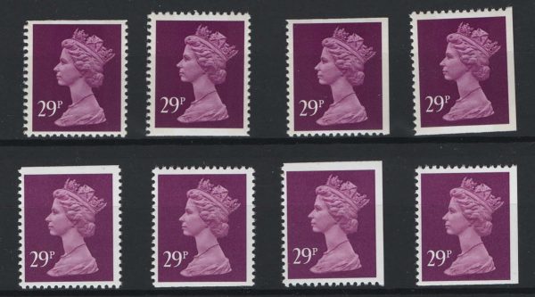 GB 1989 Machin 29p 2B purple - the 4 different straight edge types um, ditto ACP
