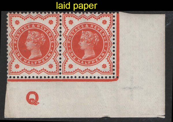 GB 1887 ½d orange sg197var um control Q corner pair on ribbed paper, r20/12
