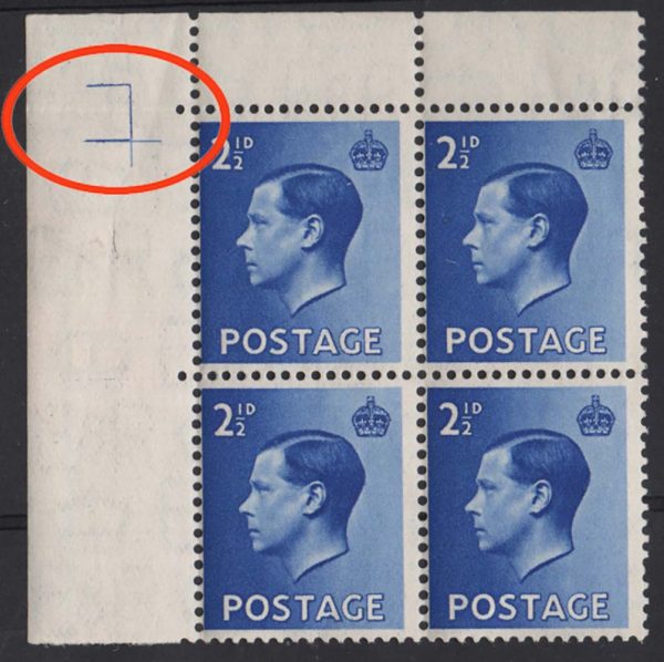 GB 1936 KE8 2½d top left corner blk of 4 um with seldom offered box lines