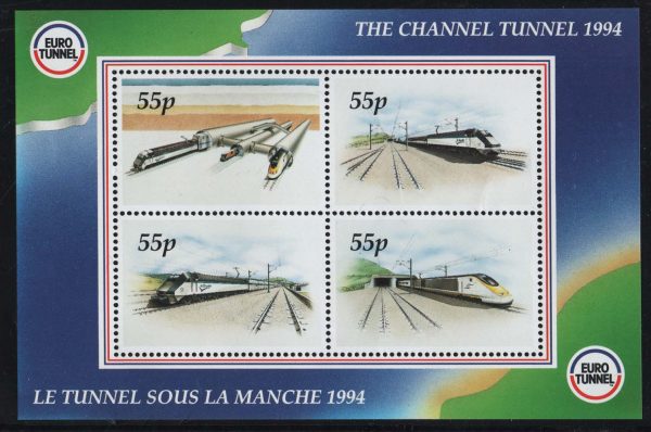 GB 1994 Channel Tunnel Eurostar 55p Railway Letter stamp m/sheet of 4 um