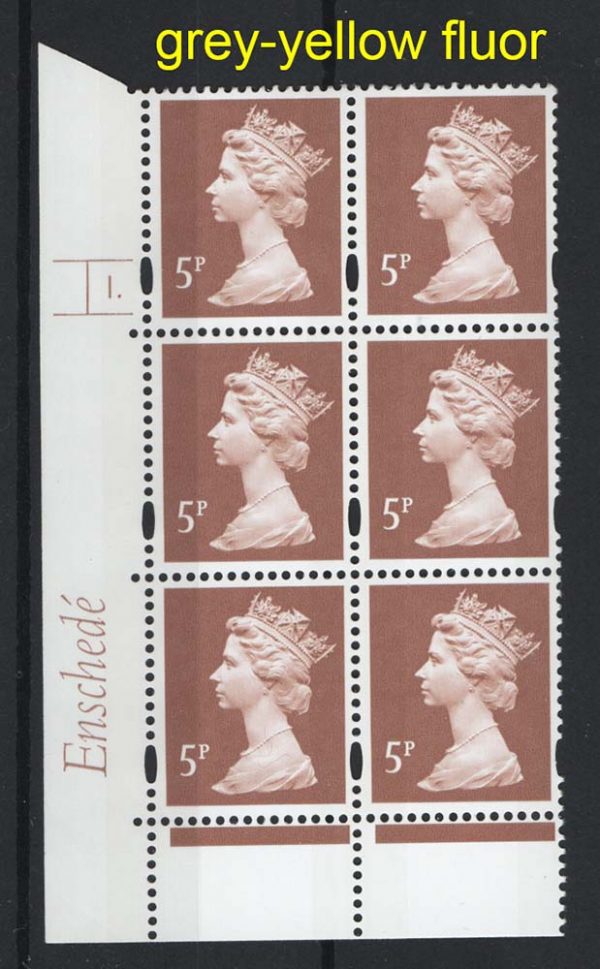GB Machin Cyl blocks  Machin 5p 2B Enschedé grey-yellow fluor perf RE cyl 1 dot