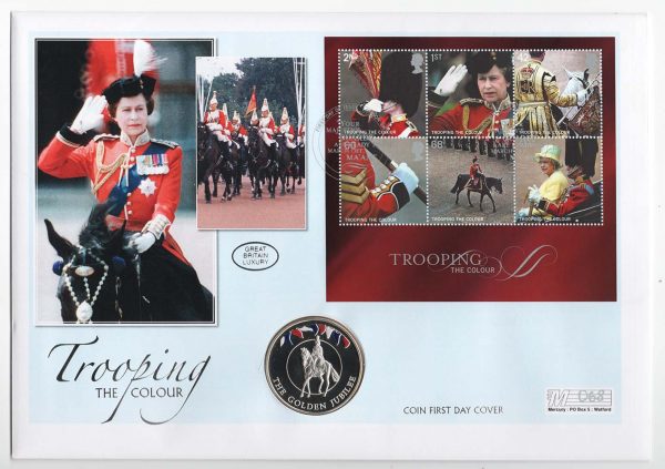 GB 2005 Sterling Silver Coin Cover: FDC Trooping of Colour m/sheet incl Crown-size silver coin