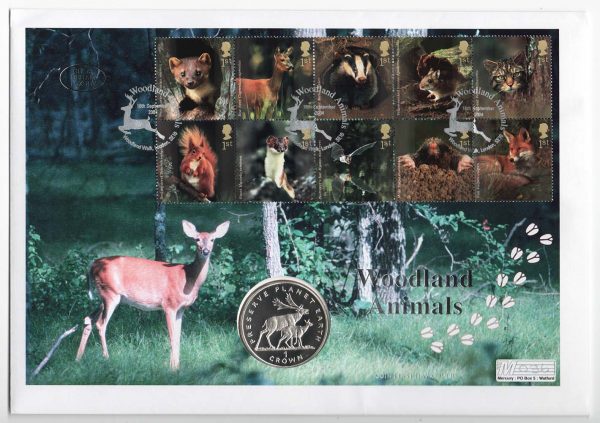 GB 2004 Sterling Silver Coin Cover: FDC Woodland Animals set incl Crown-size silver coin