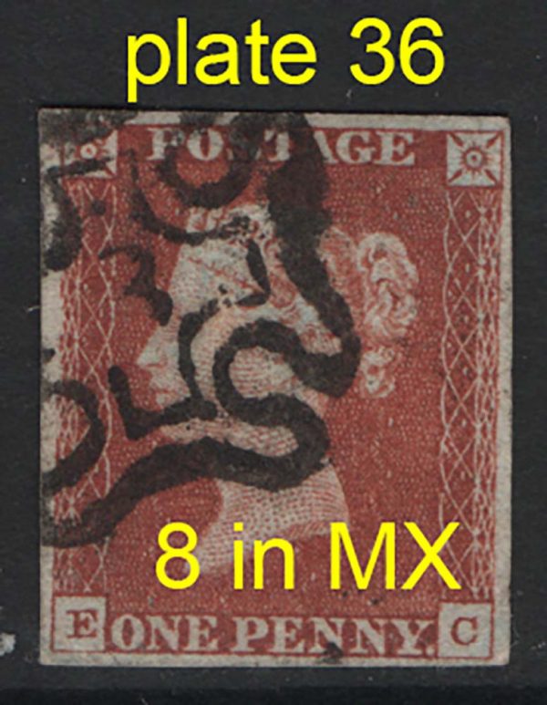 GB 1841 1d red plate 36 EC vfu, 4 good margins cancelled with 8 in MX c£160