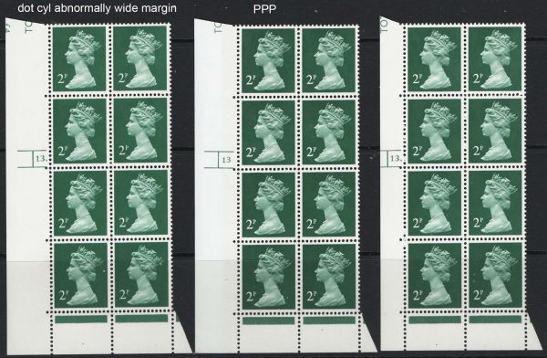 GB 1979 Machin 2p PPP cyl 13 dot cyl blk of 8 abnormally wide margin