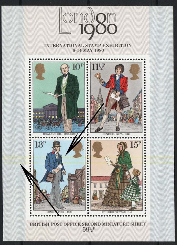 GB 1979 Rowland Hill m/sheet ERROR 2x 1mm yellow bands across lower stamps um