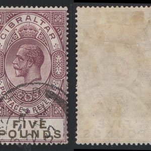 Gibraltar 1925 £5 violet & black sg108 fu neat cds couple nibbled perfs c£6000