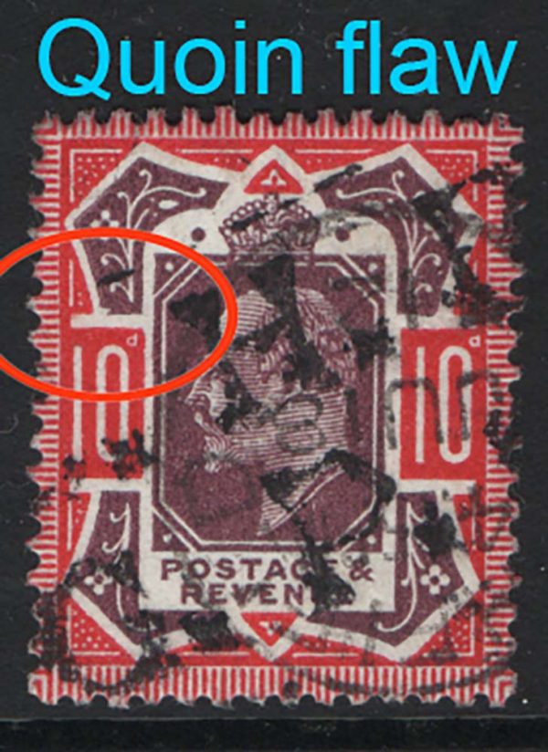 GB 1911 10d dull purple & scarlet with Quoin flaw at top fu CHB/GPO telegraphs