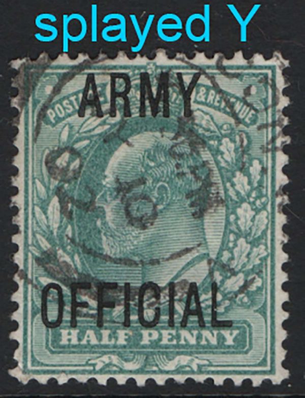 GB Officials 1902 ½d blue-green Army sgO48 with the Splayed Y variety fu cds Sp