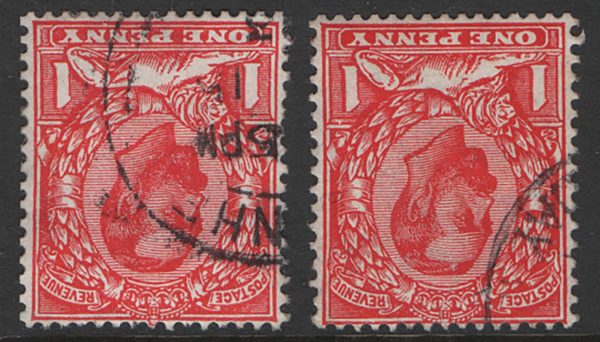 GB 1911 1d die 1b wmk cypher inverted scarlet vfu, ditto bright scarlet sg336i