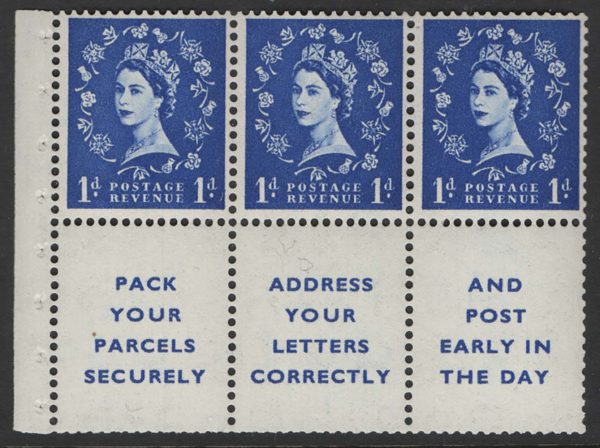 GB 1955 Edward wmk 1d booklet pane of 3 + 3 labels um good perfs