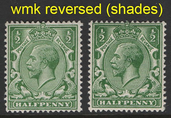 GB 1912 ½d green wmk reversed f mint sg351k, ditto in deep green c£110++