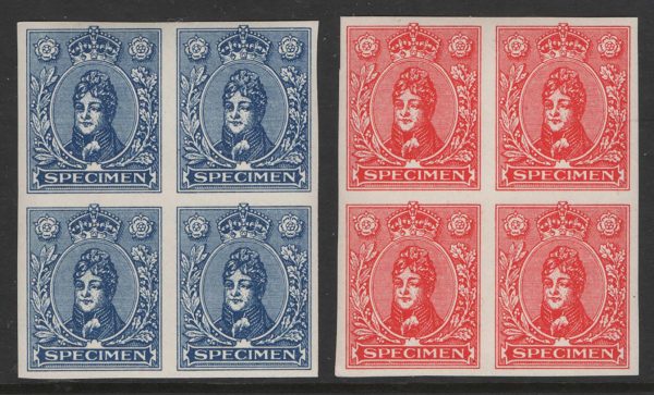 GB 1914 De La Rue Prince Regent imperf specimen stamp in red um blk of 4 +