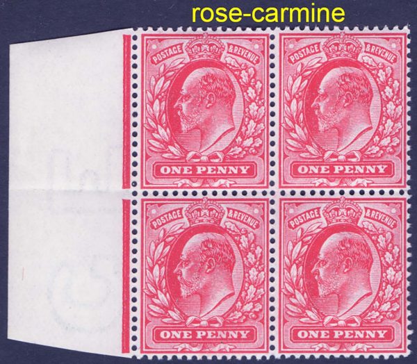 GB 1902 1d rose-carmine sg219var Spec M5(4) fine um marginal blk of 4 c£160+