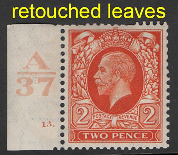 GB 1934 2d A37 cyl 13 dot single with retouched leaves variety sg442var Spec N55