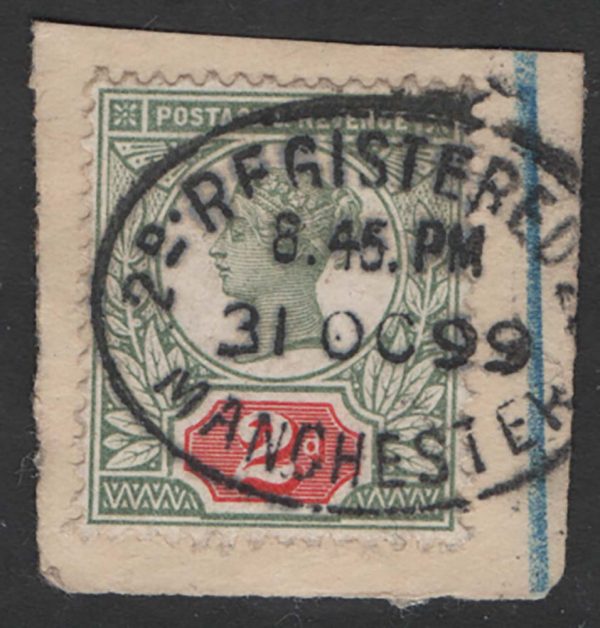GB 1887 2d green & scarlet sg199 vfu on piece, neat reg oval c£260