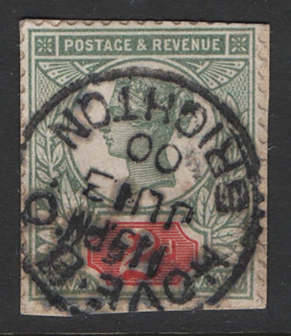 GB 1887 2d green & scarlet sg199 vgu on piece, a few clipped perfs at top