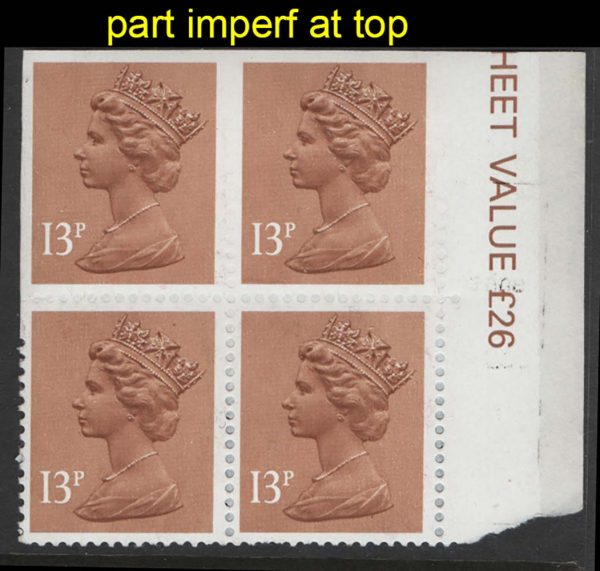 GB 1984 Machin 13p CB, part imperf marginal blk of 4, full imperf for top 10mm