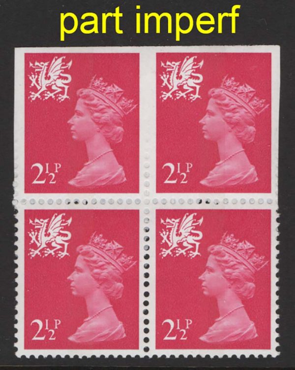 GB 1971 Wales 2½p um blk of 4, the top 10mm being completely imperf