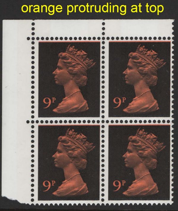 GB 1971 Machin 9p OCP/PVA black & orange, good orange shift protrudes at top