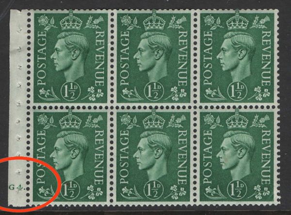 GB 1951 New colours 1½d cyl G4 dot pane of 6 incl r1/1 spur to rose variety vf mint