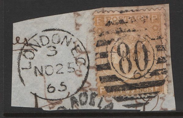 GB 1865 9d straw wmk emblems sg98 gu on piece, complete London '80' 1865 duplex