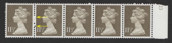 GB 1981 Machin 11½p CB marginal strip of 5 showing severe perf pin damage