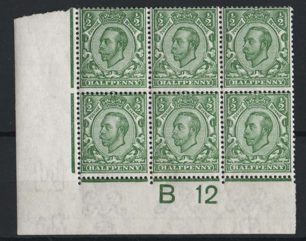 GB 1911 ½d green Multicypher B12w corner blk of 6, (5x um, 1x light tone) sg346
