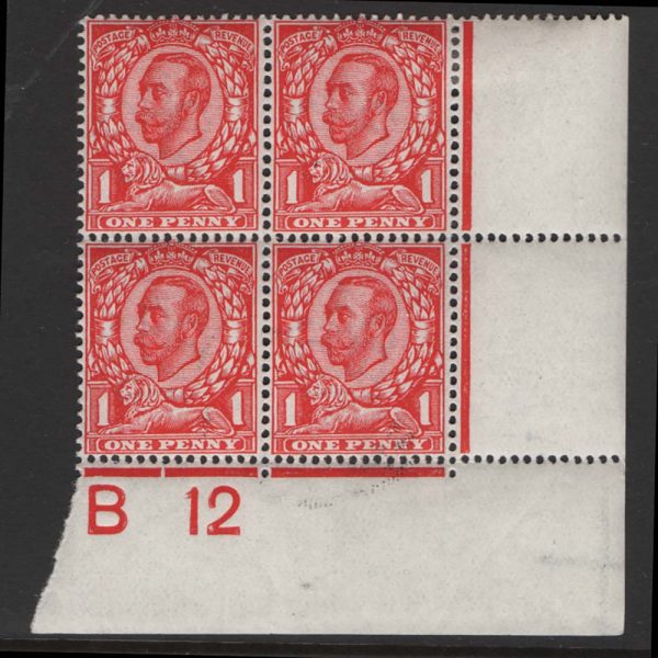 GB 1911 1d die 2 wmk crown B12w corner blk of 4, type 2 plate 13, 3x um
