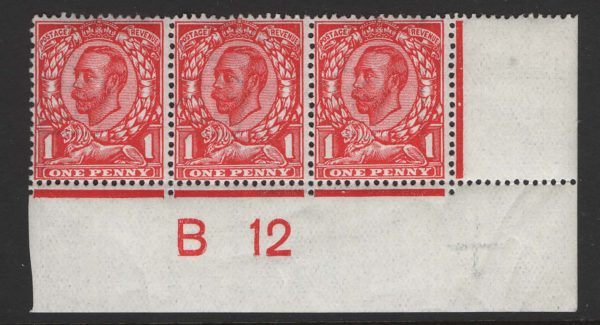 GB 1911 1d die 2 wmk crown deep bright scarlet B12w corner strip of 3, type 2A
