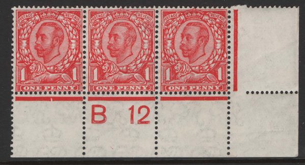 GB 1911 1d die 2 wmk multi-cypher B12w corner strip of 3, type 2 plate 12