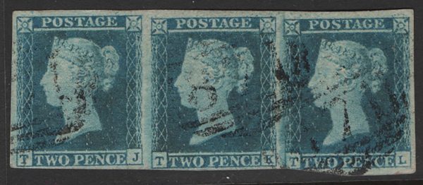 GB 1841 2d blue plate 4 TJ-TL fu strip of 4, good margins