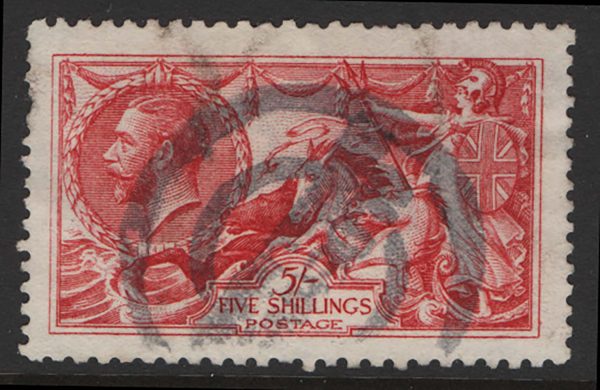 GB 1915 5s De La Rue bright carmine sg409 pulled perf at left otherwise fu c£400