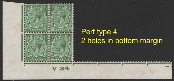 GB 1924 ½d sg418 V34 corner blk of 4 perf I2E (type 4) um