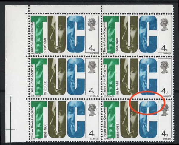 GB 1968 Anniversaries 4d r3/2 retouch on large C variety Spec W134b um corner blk