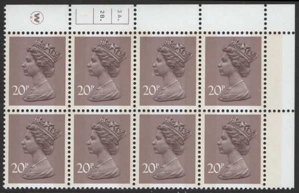 GB Machin Cyl blocks  Machin: Waddington 20p 2B cyl blk of 8 um: 2A2B dot