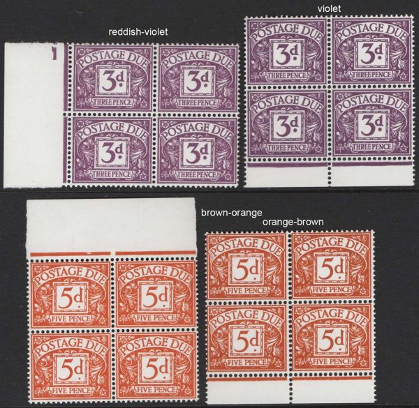 GB 1968 No Wmk postage dues shade varieties: 3d reddish violet & violet um margin