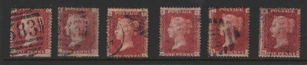GB 1858 1d plates 136, 198-9, 212, 214-5 all sound used examples c£97
