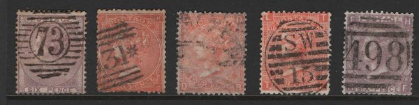 GB 1856 6d, 1862 4d, 1865 4d plates 8 & 11, 6d plate 6 all g-fu, odd nibbled