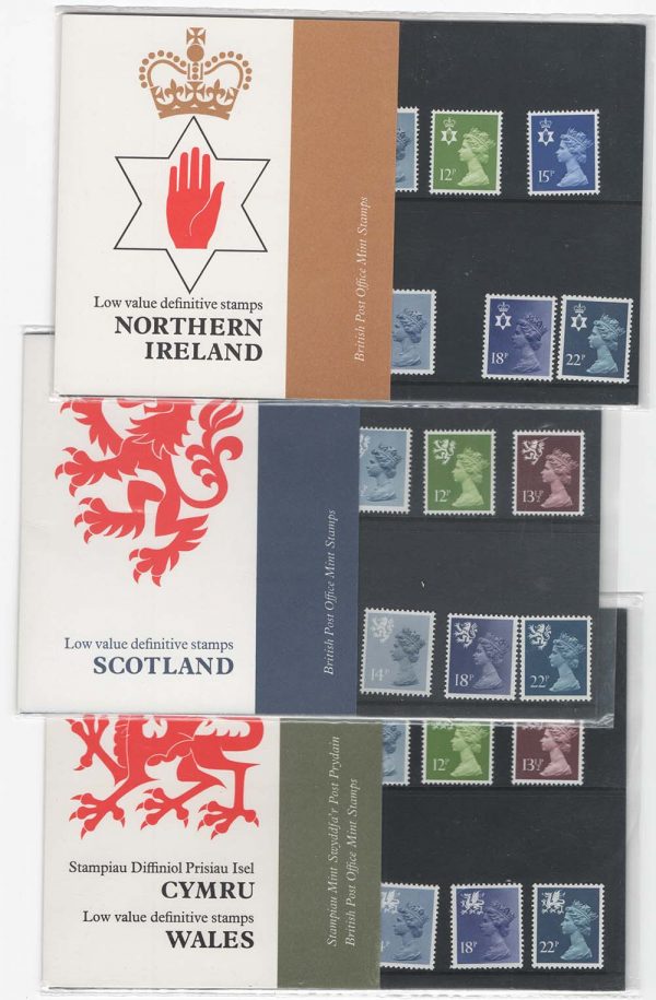 GB 1981 Regionals 7p - 22p pres packs #129a, 129b, 129c N Ireland, Scotland, Wales