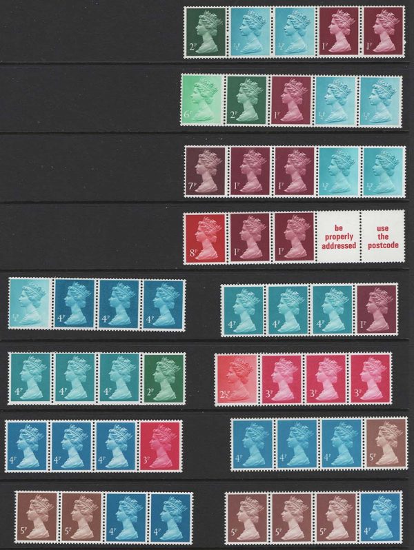 GB 1971 Machin set of 12 decimal multi-value coil strips um good perfs
