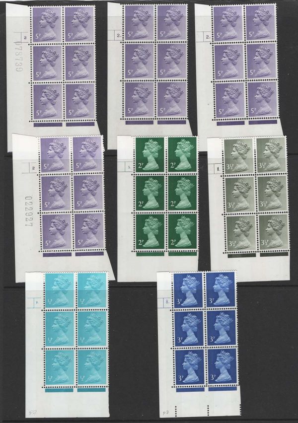 GB 1971 Machin 5p OCP/PVA: cyl 2 no dot p2, 2 dot p2, 2 no dot p4, 2 dot p4 um