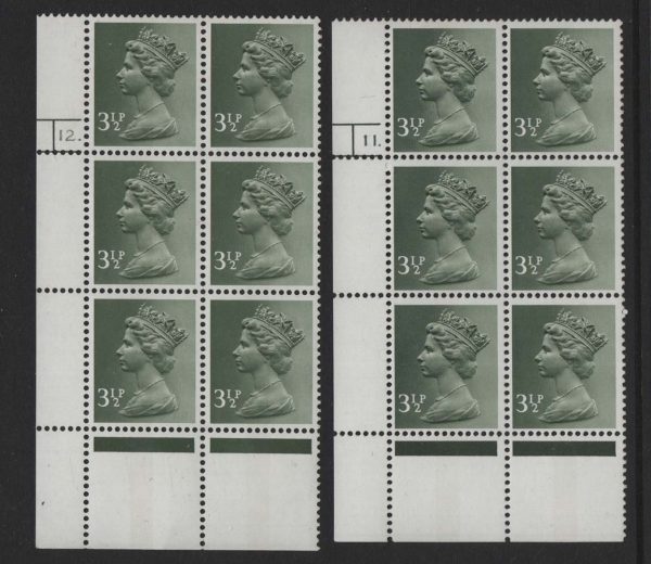 GB 1971 Machin CB PVAD p20 um cyls: 3½p 12 dot, 3½p 11 dot with unusual creamier gum